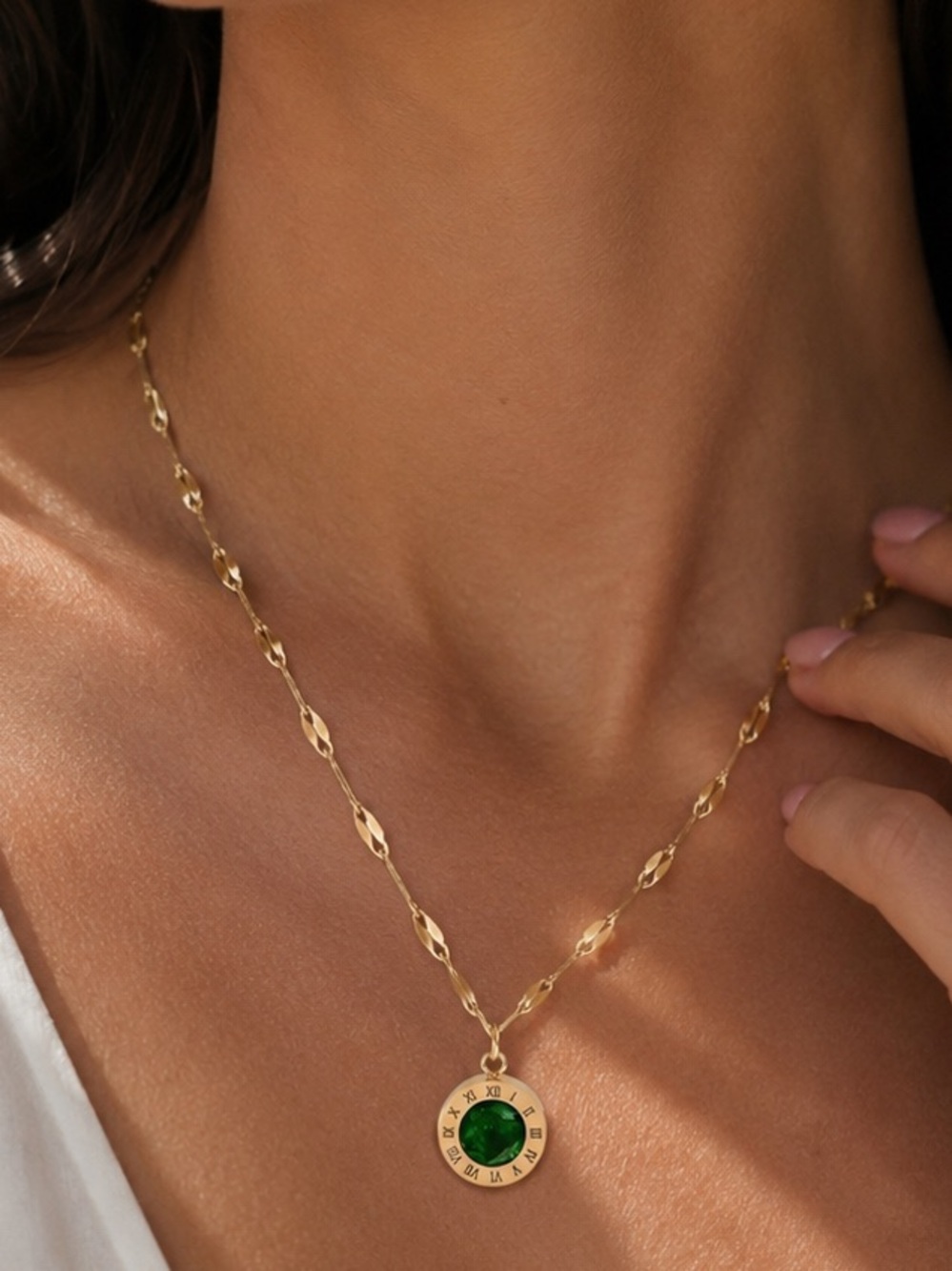 Emerald Green Roman Numeral Necklace 18K Gold Plated Waterproof Stainless Steel